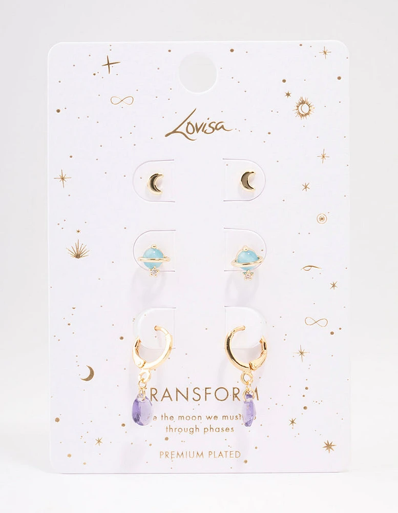 Gold Plated Semi-Precious Planet Earring 3-Pack