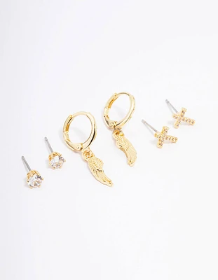 Gold Plated Cross Wing Cubic Zirconia Earring 3-Pack