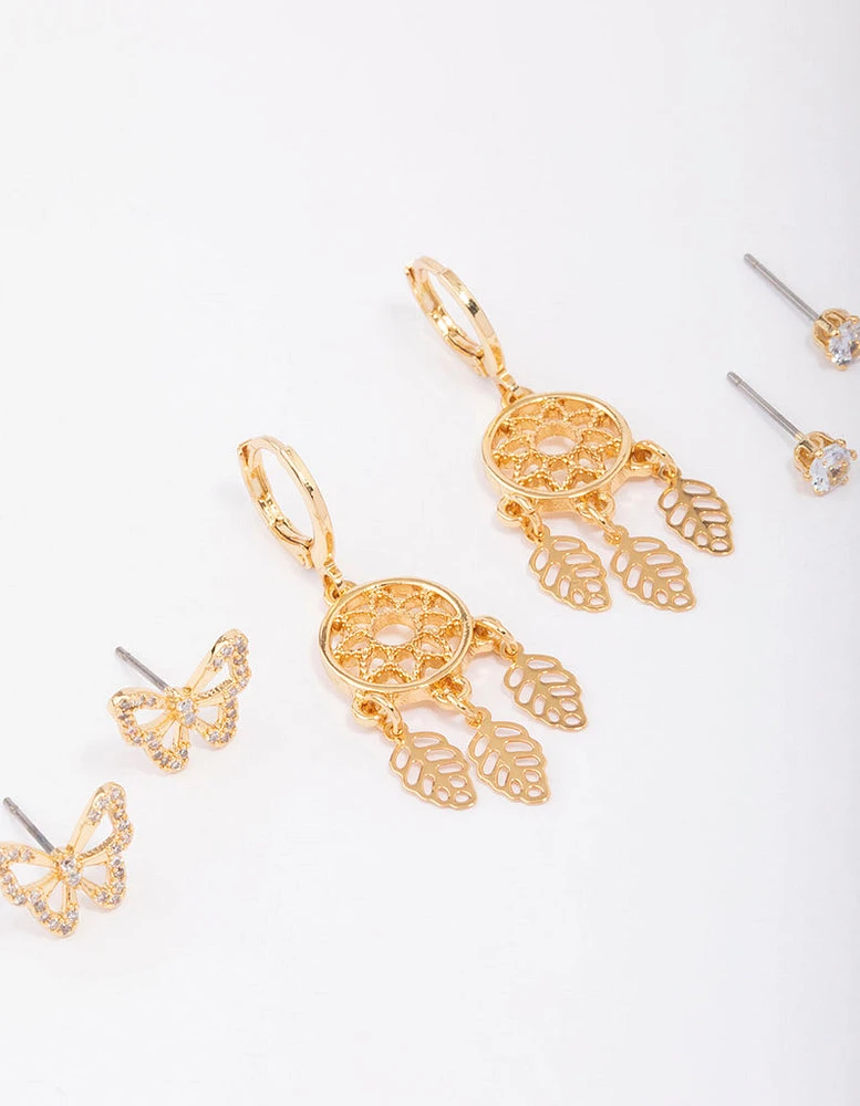 Gold Plated Dream Catcher Earring 3-Pack