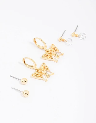 Gold Plated Cubic Zirconia Butterfly Earring 3-Pack