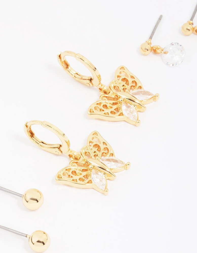 Gold Plated Cubic Zirconia Butterfly Earring 3-Pack