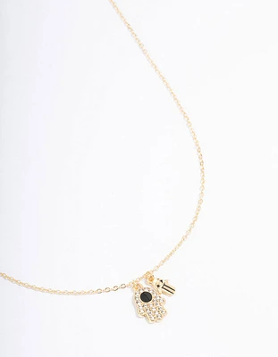 Gold Plated Hamsa Charm Cubic Zirconia Necklace