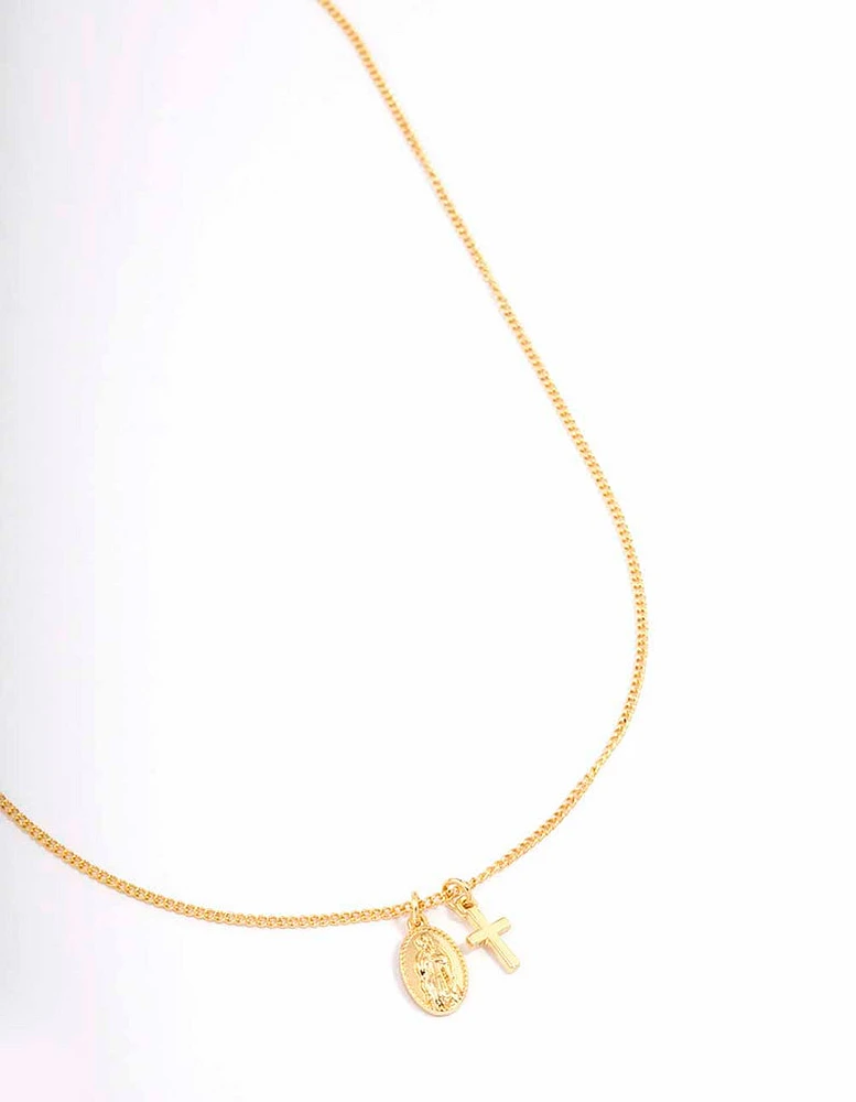Gold Plated Mary Cross Charm Pendant Necklace