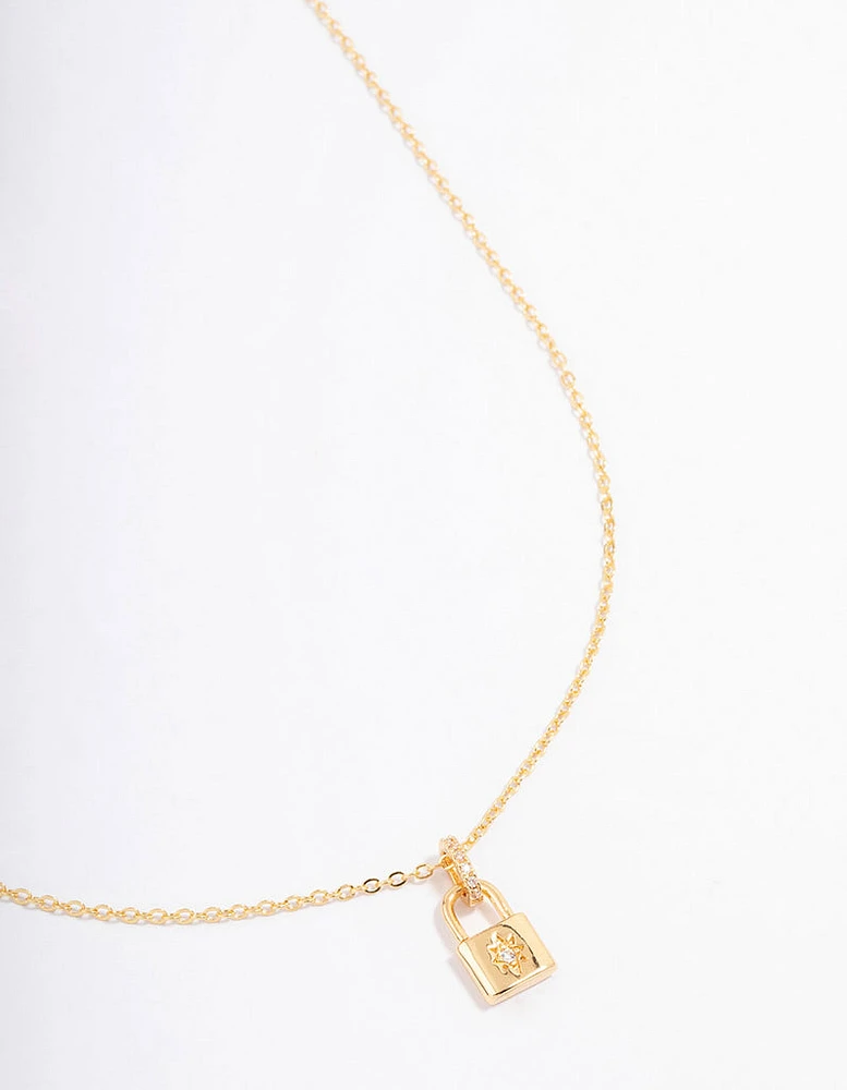 Gold Plated Mini Lock Pendant Necklace