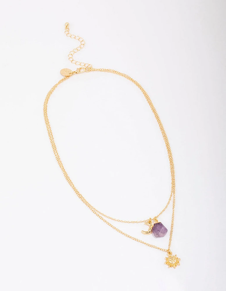 Gold Plated Amethyst Peace Layered Necklace