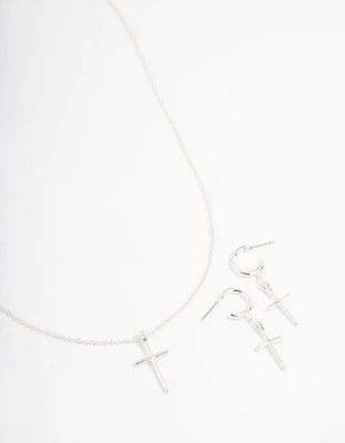 Silver Plated Sleek Cross Necklace & Earring Jewellery Set
