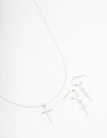 Silver Plated Sleek Cross Necklace & Earring Jewellery Set