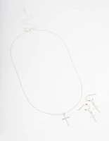 Silver Plated Sleek Cross Necklace & Earring Jewellery Set