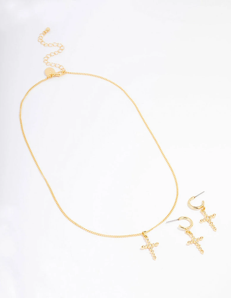 Gold Plated Textured Cubic Zirconia Cross Necklace & Earring Jewellery Set