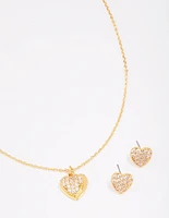 Gold Plated Cubic Zirconia Pave Heart Necklace & Earring Jewellery Set