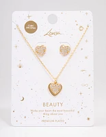 Gold Plated Cubic Zirconia Pave Heart Necklace & Earring Jewellery Set