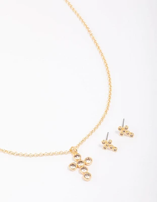 Gold Plated Bezel Cross Necklace & Earring Jewellery Set