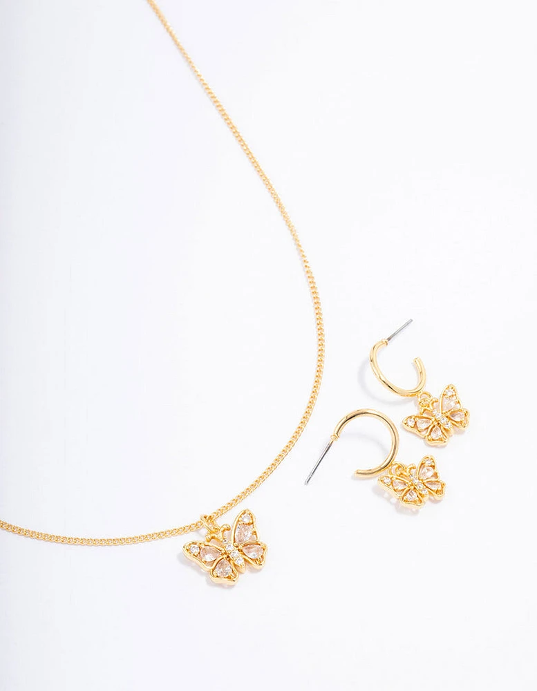 Gold Plated Cubic Zirconia Butterfly Necklace & Earring Jewellery Set