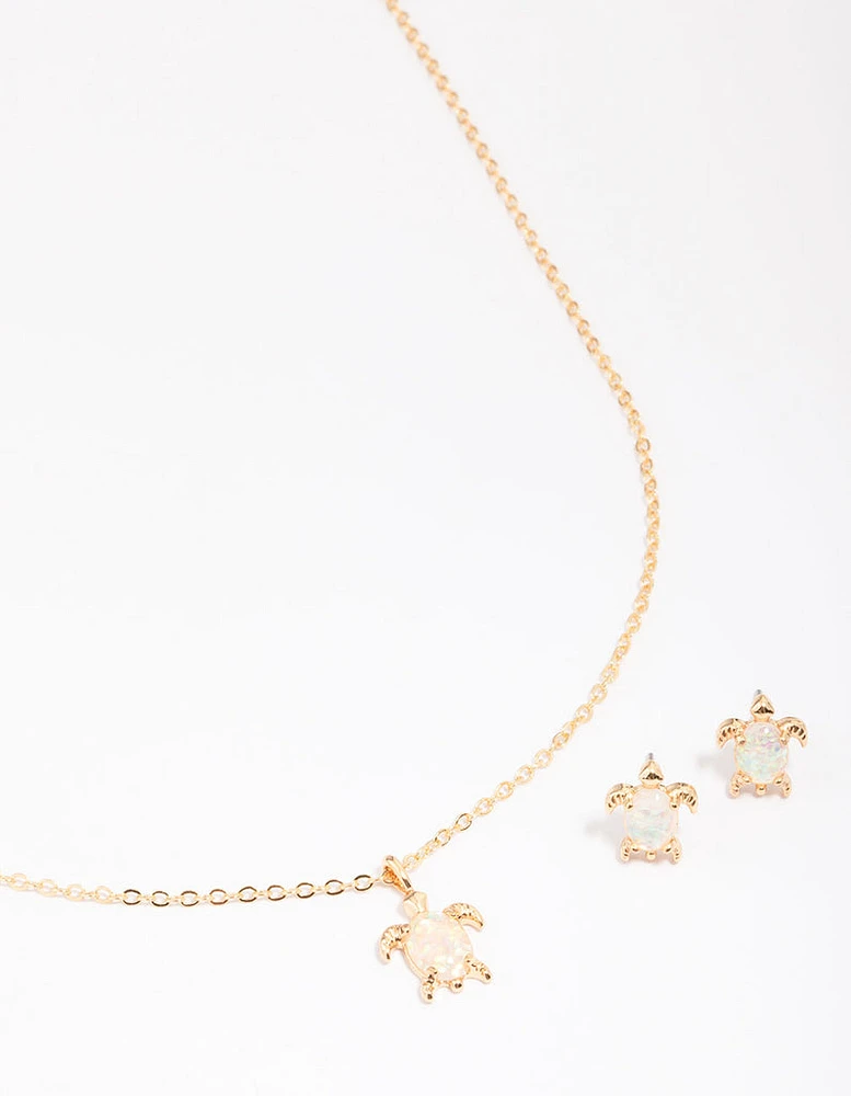 Gold Plated Turtle Semi-Precious Neckalce & Earring Jewellery Set