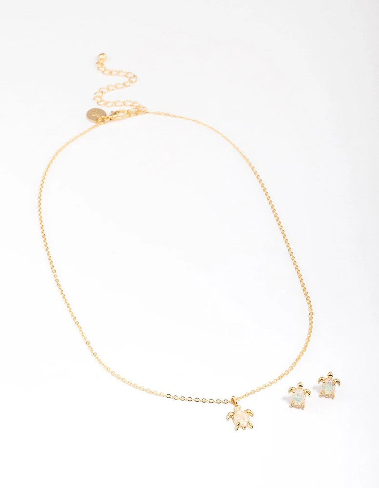 Gold Plated Turtle Semi-Precious Neckalce & Earring Jewellery Set