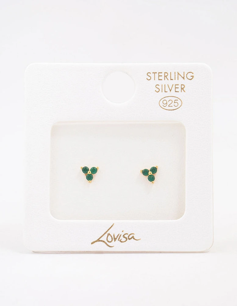 Gold Plated Sterling Silver Emerald Cubic Zirconia Trio Stud Earrings