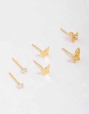 Gold Plated Sterling Silver Butterfly Stud Earring 3-Pack