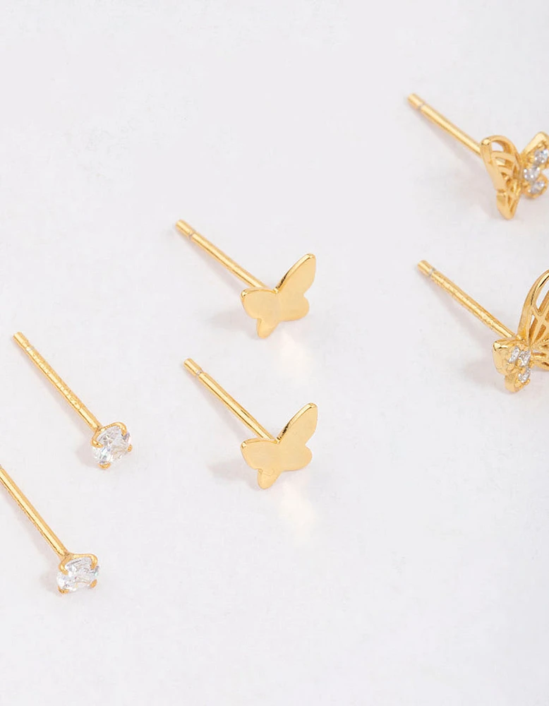 Gold Plated Sterling Silver Butterfly Stud Earring 3-Pack