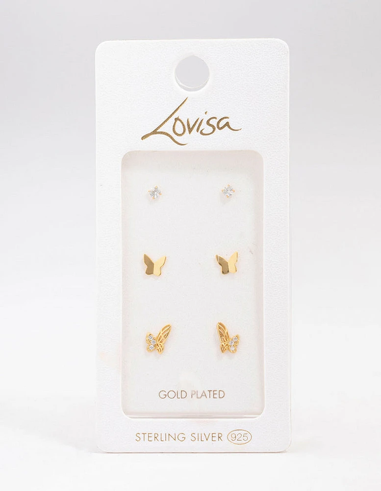 Gold Plated Sterling Silver Butterfly Stud Earring 3-Pack