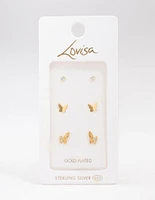 Gold Plated Sterling Silver Butterfly Stud Earring 3-Pack