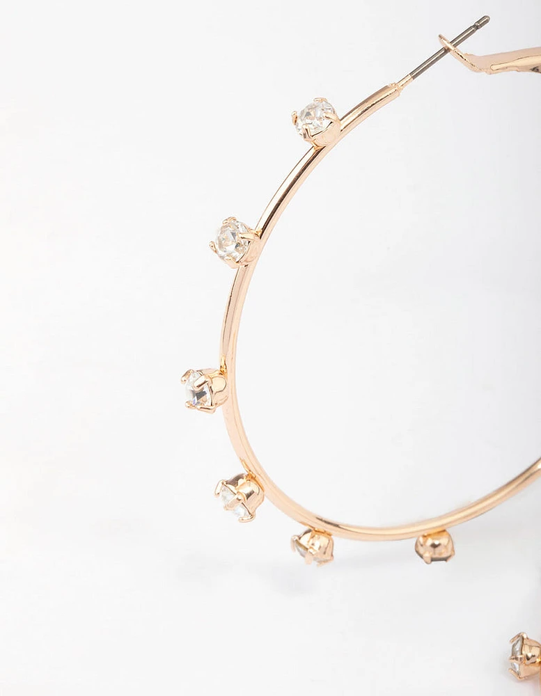 Gold Diamante Station Hoop Earrings