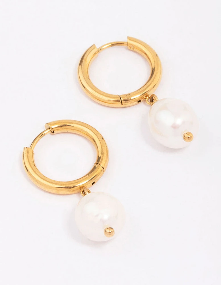 Gold Plated Surgical Steel Classic Freshwater Pearl Hoop Earrings