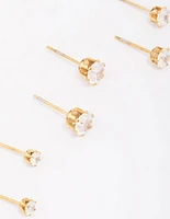 Gold Plated Surgical Steel Graduating Cubic Zirconia Stud Earring 3-Pack