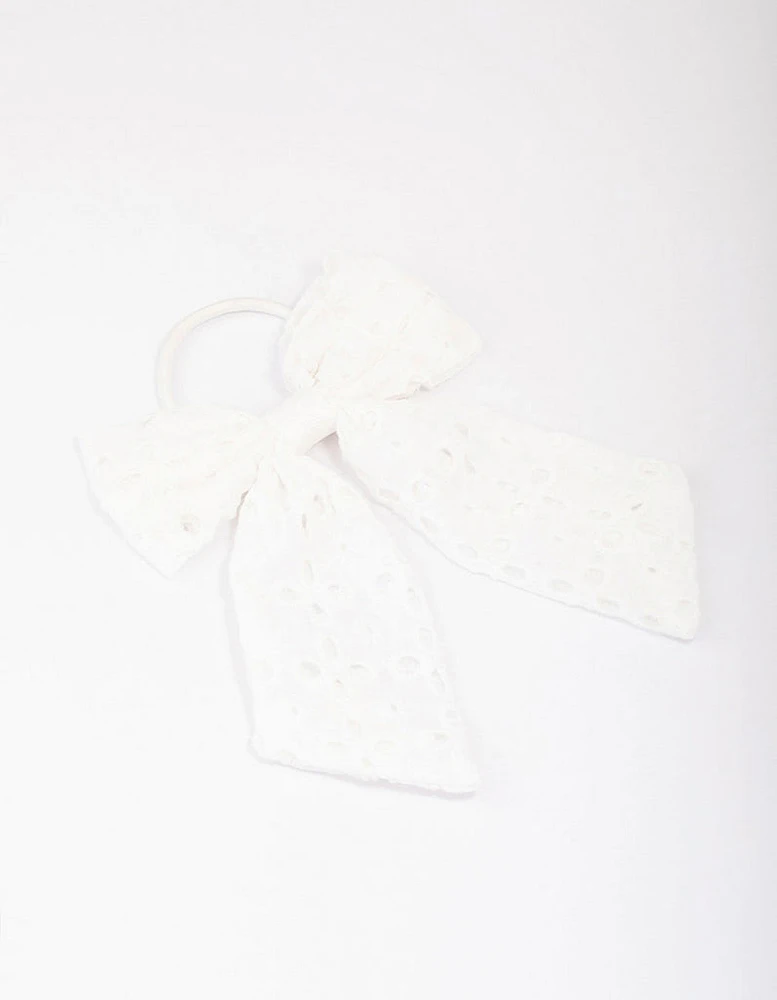 White Embroidered Bow Hair Scrunchie