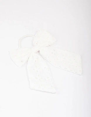 White Embroidered Bow Hair Scrunchie