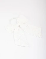 White Embroidered Bow Hair Scrunchie