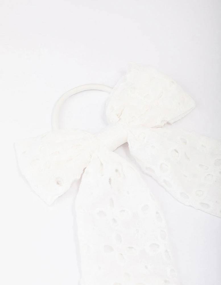 White Embroidered Bow Hair Scrunchie