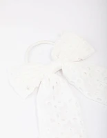 White Embroidered Bow Hair Scrunchie