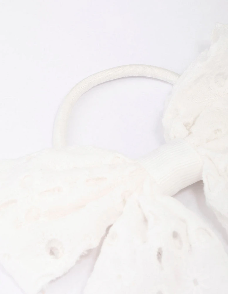 White Embroidered Bow Hair Scrunchie