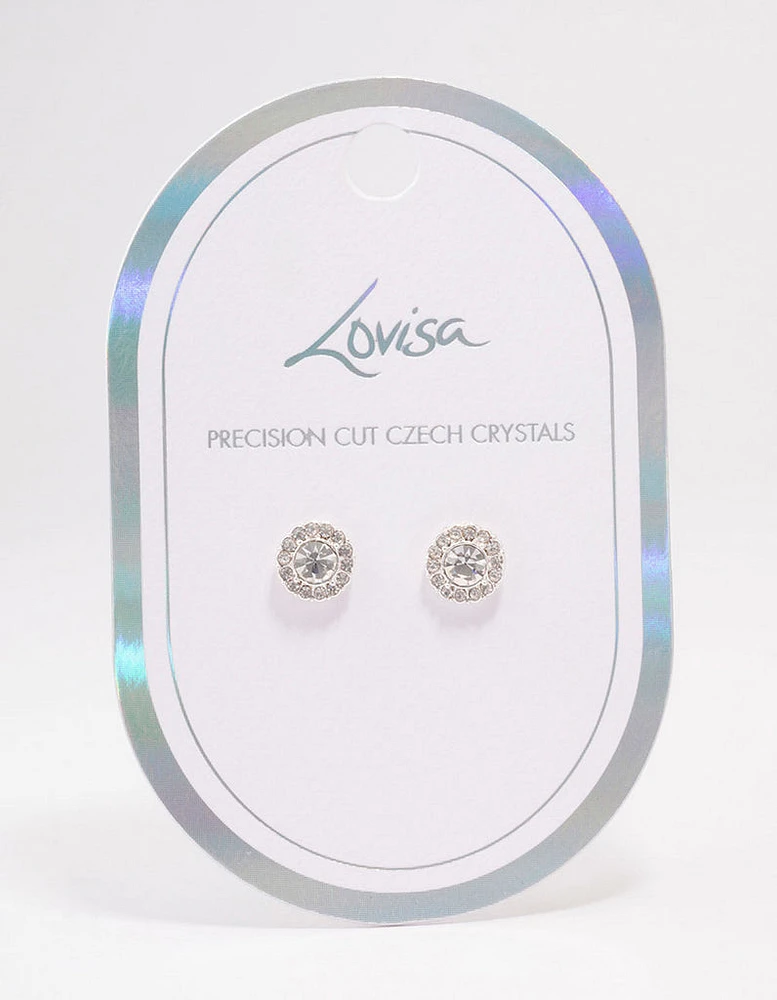 Silver Embellished Crystal Halo Stud Earrings