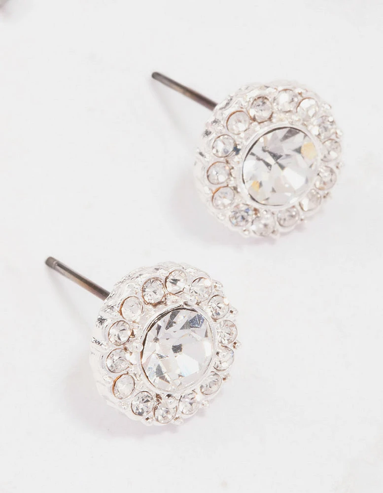 Silver Embellished Crystal Halo Stud Earrings