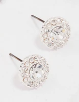 Silver Embellished Crystal Halo Stud Earrings