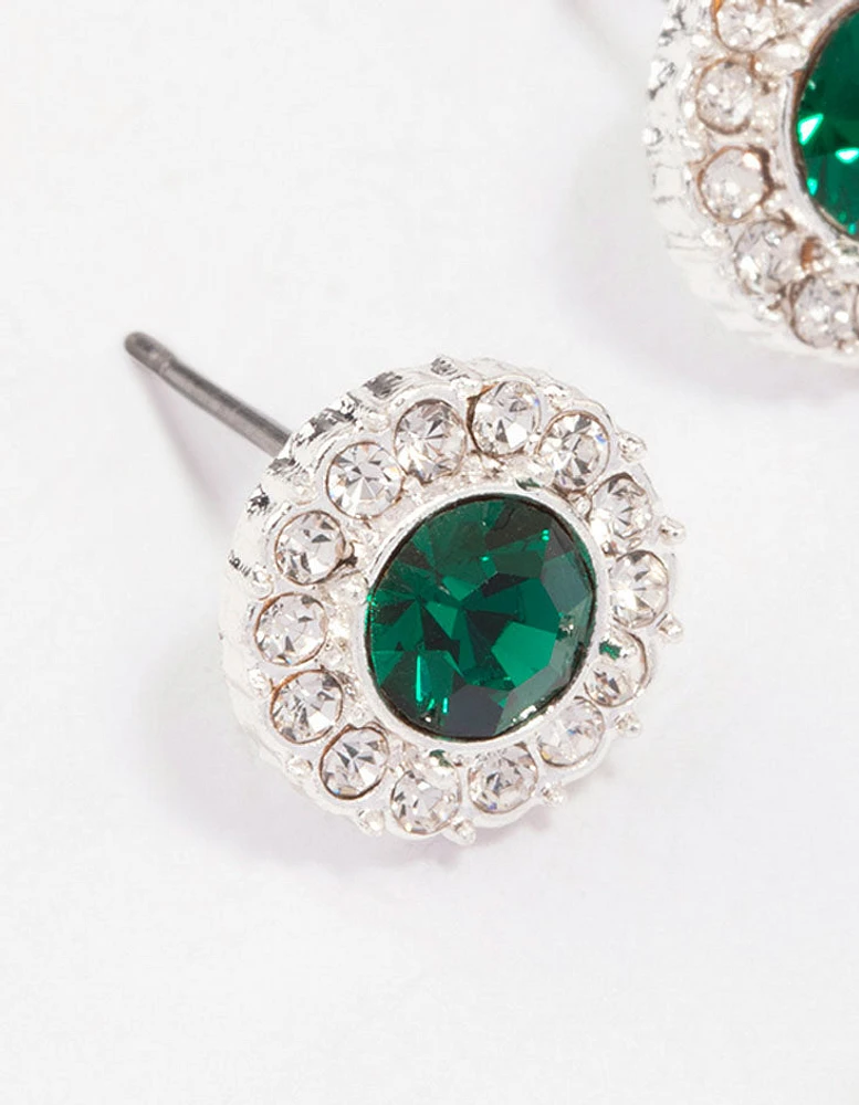 Silver Emerald Crystal Halo Stud Earrings