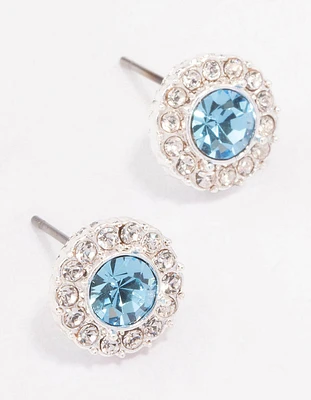 Silver Aqua Crystal Halo Stud Earrings