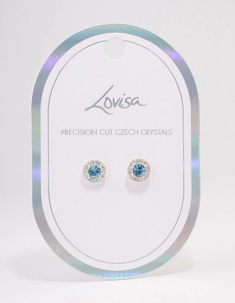 Silver Aqua Crystal Halo Stud Earrings