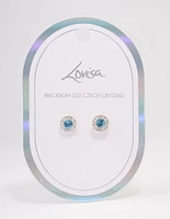 Silver Aqua Crystal Halo Stud Earrings