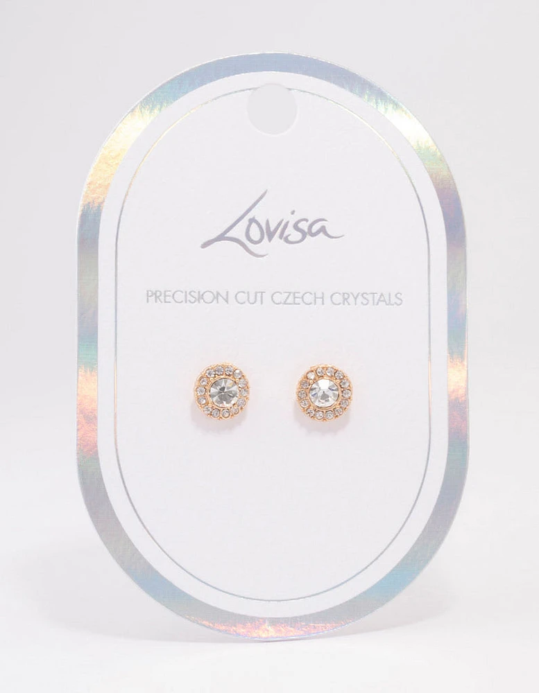 Gold Pear Crystal Halo Stud Earrings