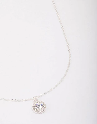 Silver Pear Crystal Halo Pendant Necklace