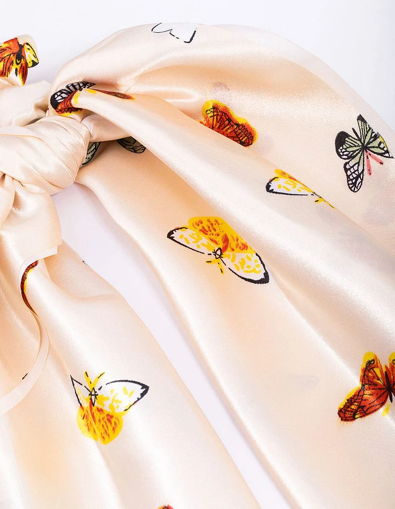 Cream Fabric Mixed Butterfly Satin Scarf