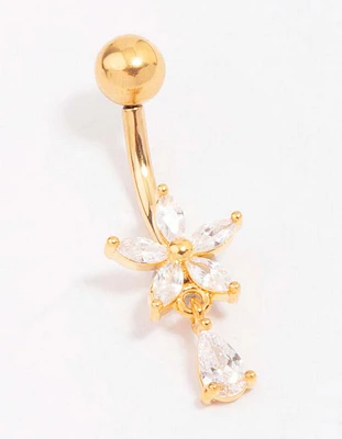 Gold Plated Titanium Cubic Zirconia Flower Pear Belly Piercing