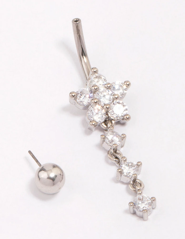 Titanium Cubic Zirconia Flower Triple Belly Piercing