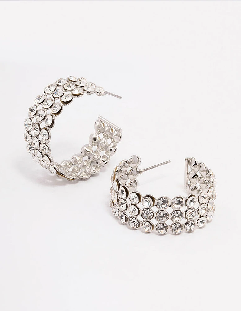 Rhodium Triple Row Bold Hoop Earrings