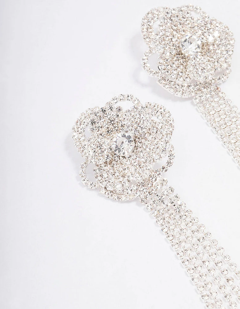 Silver Diamante Flower Cupchain Drop Earrings