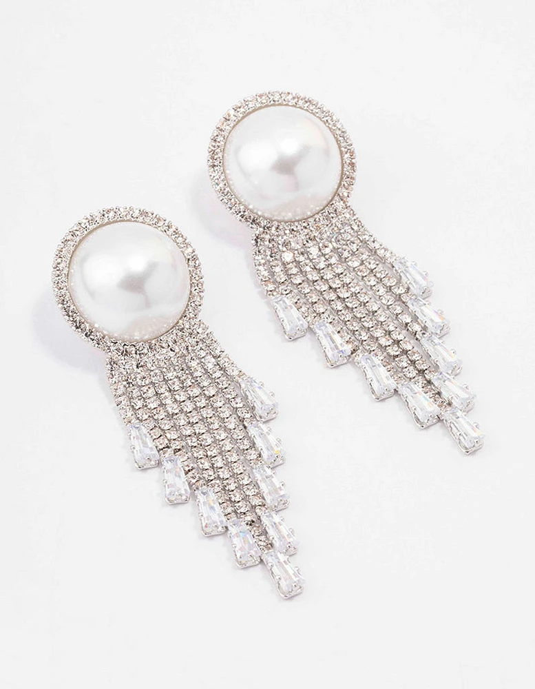 Silver Oversized Pearl Cup Chain Diamante Earrings