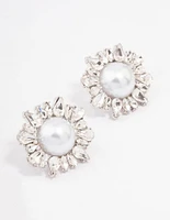 Rhodium Pearl & Cluster Statement Stud Earrings