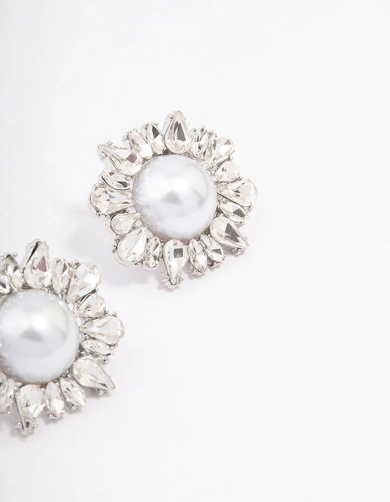 Silver Pearl & Cluster Statement Stud Earrings